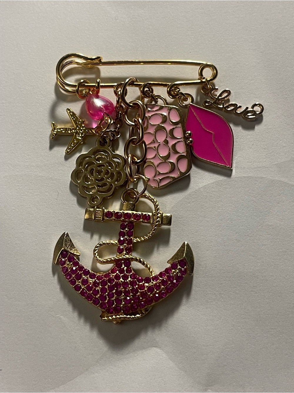 Gold Anchor Charm Pin Brooch with Pink Accents